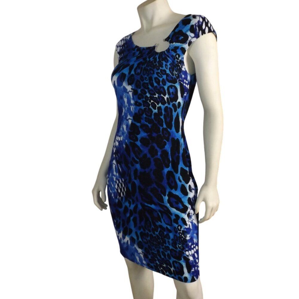 CACHE Dress, 6, Blue Leopard, Bodycon/Stretch, Drop shoulder, Colorful, Ring - Picture 4 of 10